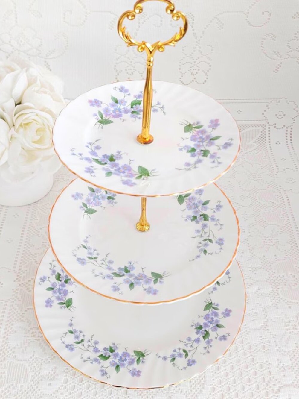 Royal Adderley Forget-Me-Not 3 Tier Bone China Cake Stand Blue Floral Dessert St